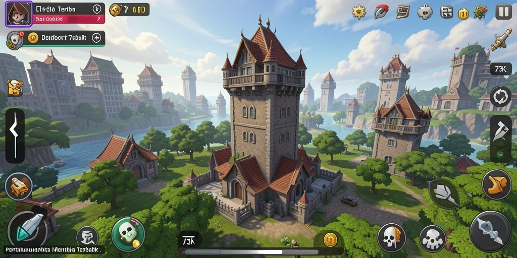 Tampilan gameplay menara di 73K menunjukkan strategi pertahanan yang intens.