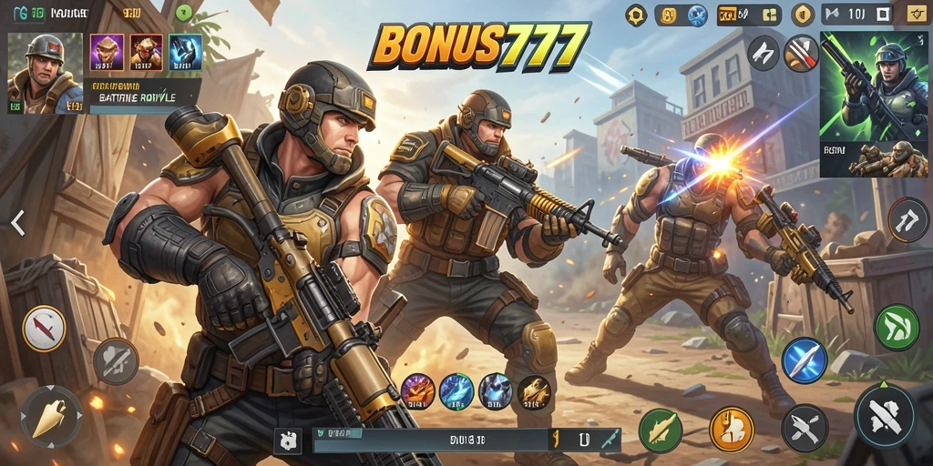 Tangkapan layar gameplay BONUS777 yang menampilkan aksi seru dalam arena Battle Royale.