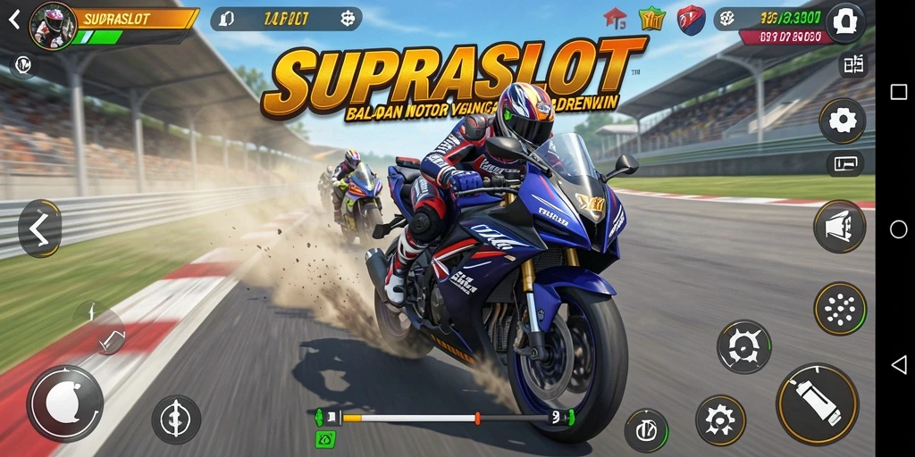 Screenshot gameplay SUPRASLOT yang menampilkan aksi balapan motor yang mendebarkan.